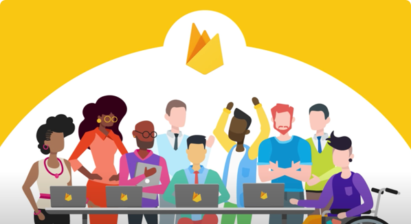 Illustration einer Gruppe stehender Personen und eines Mannes, der in einem Rollstuhl an einem Tisch mit geöffneten Laptops sitzt, mit dem Firebase-Logo im oberen Bereich