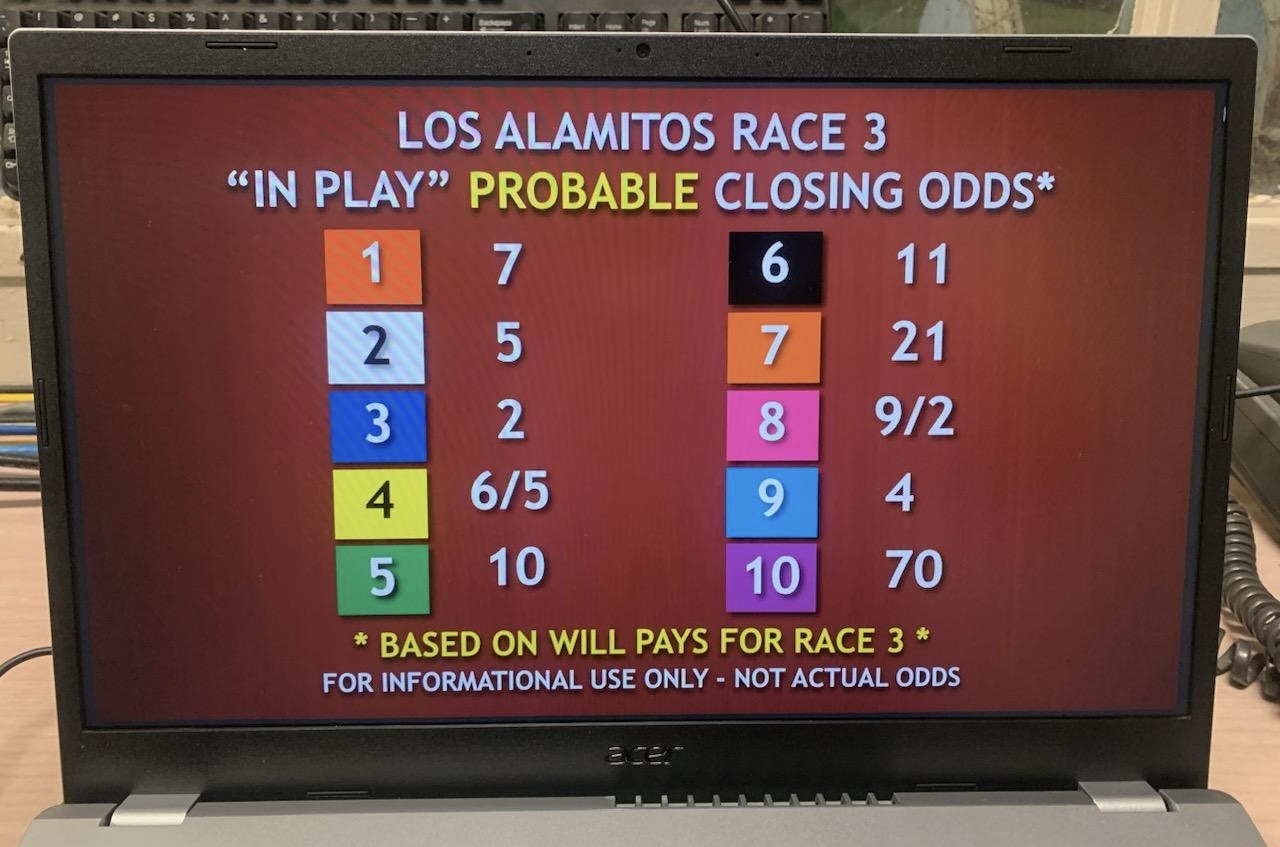 In a photo provided by Los Alamitos Race Course, a display on the track's simulcast TV screens shows odds for a race projected by an algorithm. This graphic is shown next to the actual odds in the minutes before post time and can help bettors to anticipate changes in the odds.