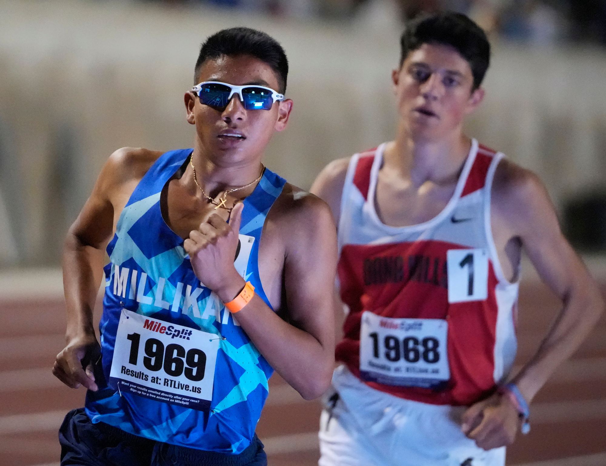 Millikan's Jason Parra tries to hold off Dana Hill's Evan Noonan during the 104th CIF State Track and Field Championships at Veterans Memorial Stadium on the campus of Buchanan High School in Clovis on Friday, May 24 2024. (Photo by Joseph Vasquez, Contributing Photographer)