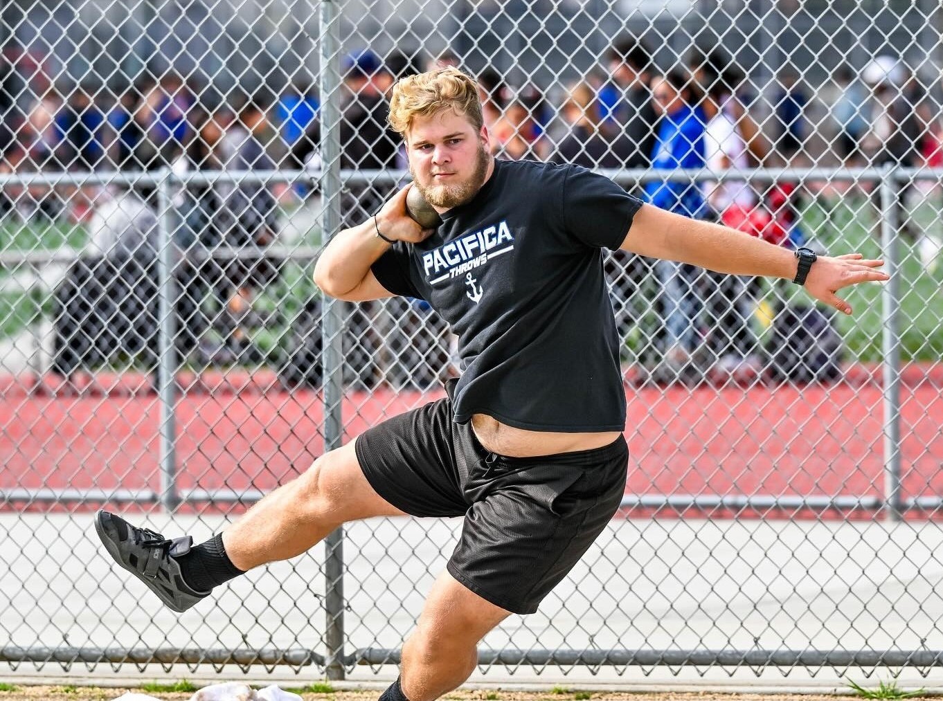 Pacifica senior Zach Lewis, shown at an Empire League dual meet, won the shot put and discus at the CIF-SS Division 2 track and field finals Saturday, May 11. (Courtesy of David Mamelli)