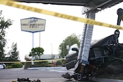 A car slammed into a post on the outside of the building early Friday. But the restaurant is open.