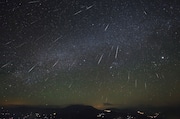 A long exposure image of the Geminid meteor shower, which can produce upwards of 150 bright meteors per hour. 