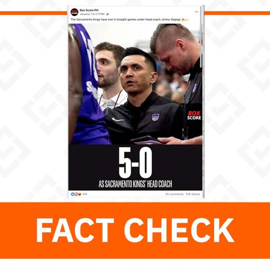 FACT CHECK: PBA legend Jimmy Alapag is not head coach of Sacramento Kings