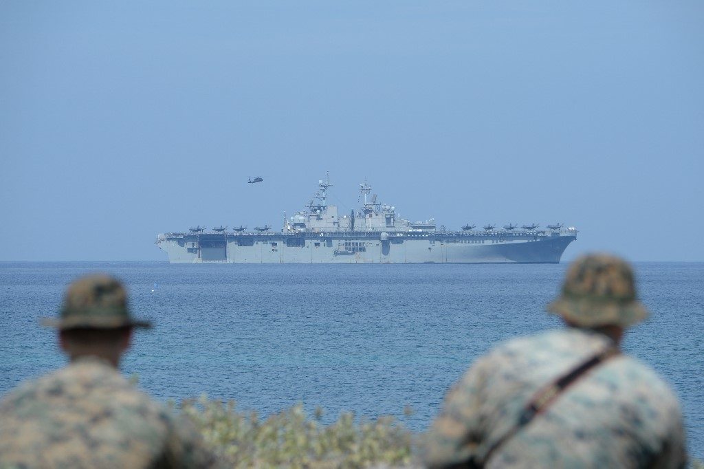 FIGHTER JETS. F-35 lightning fighter jets seen on the deck the US navy assault ship 'USS Wasp' during the amphibious landing exercises in Balikatan 2019. Photo by Ted Aljibe/AFP     