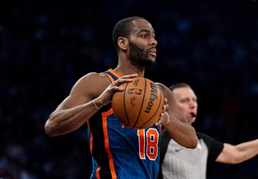 New York Knicks guard Alec Burks looks to pass during the first half of an NBA basketball game against the Indiana Pacers in New York, Saturday, Feb. 10, 2024. (AP Photo/Peter K. Afriyie)