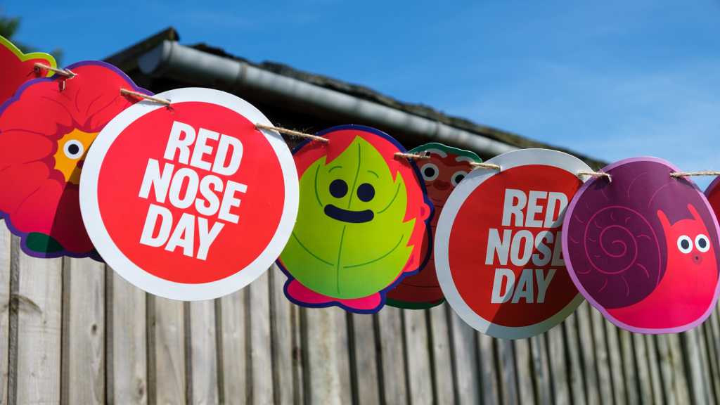 Red Nose Day signs on a washing line