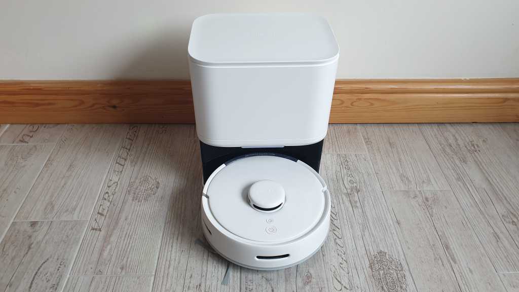 A view of the SwitchBot Mini Robot Vacuum and Station K10+ on a tiled floor