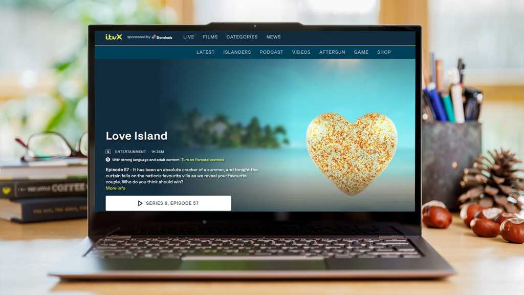 Screenshot of ITVX with the show Love Island on a Laptop