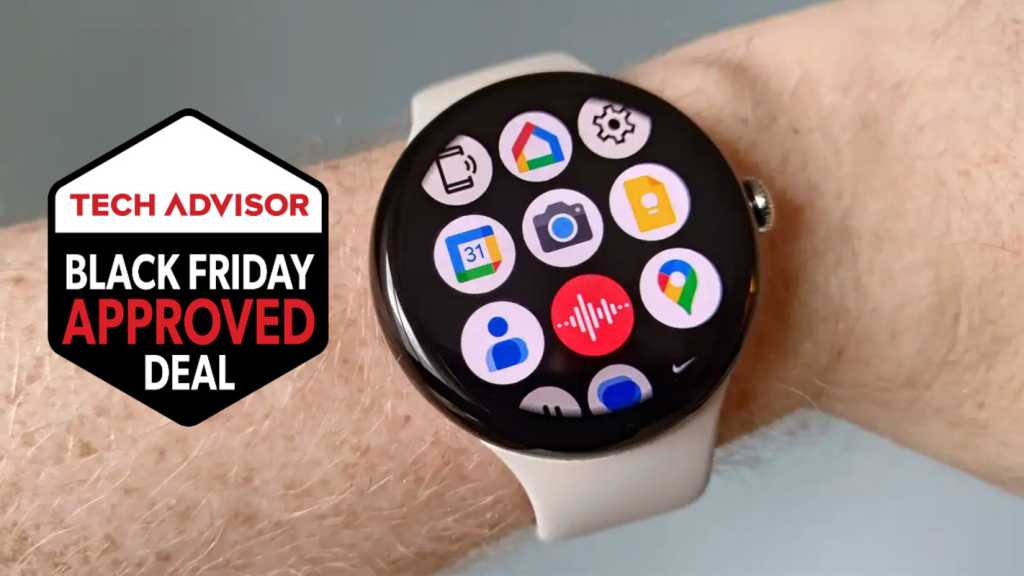 Google Pixel Watch 3 next to Tech Advisor Black Friday Approved Deal badge