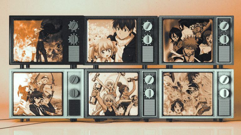 An illustration showing screenshots from anime shows in television screens with an orange tint.