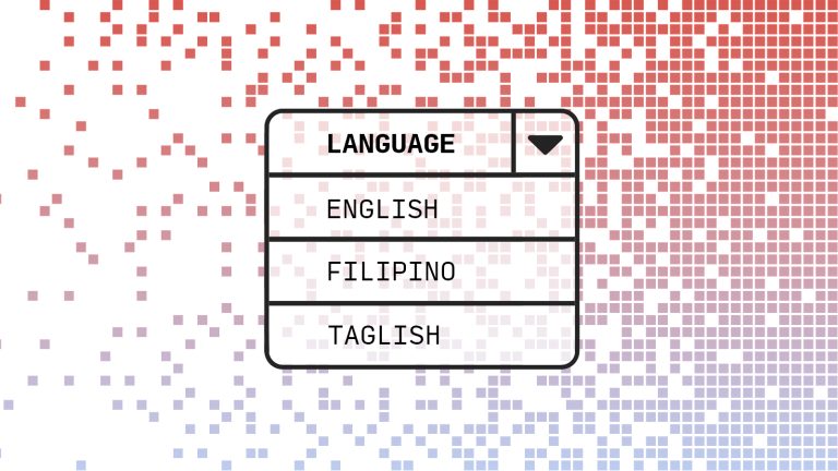 A language selection menu with options for English, Filipino, and Taglish, set against a background of red and blue pixelated patterns.