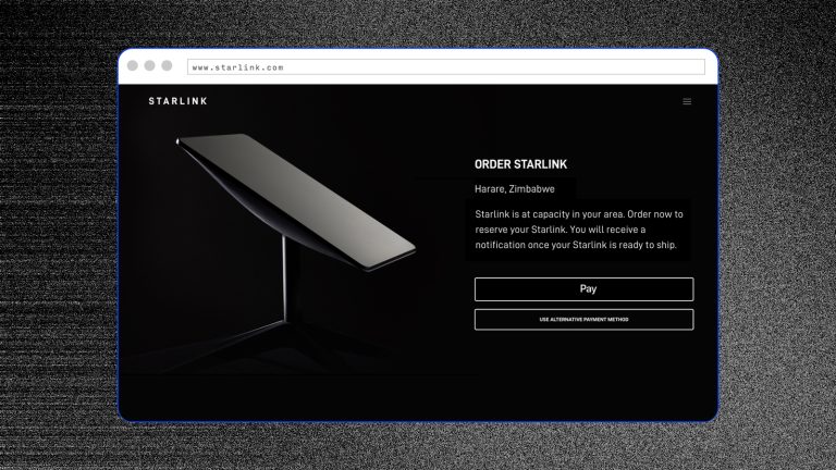 Screenshot of the Starlink website showing the order page for Harare, Zimbabwe, featuring a satellite dish and details about reserving Starlink service.