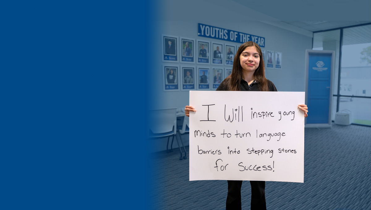 Bold Futures Begin Here - Dalilah holding sign, "I want to EMPOWER every girl to know that her voice matters and can spark change, inspire others and make a lasting difference in the world!!"