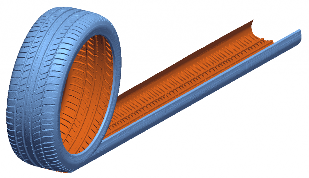 Unrolling of a 3D scan of a tire for mold modeling in Geomagic Design X. Image via 3D Systems.