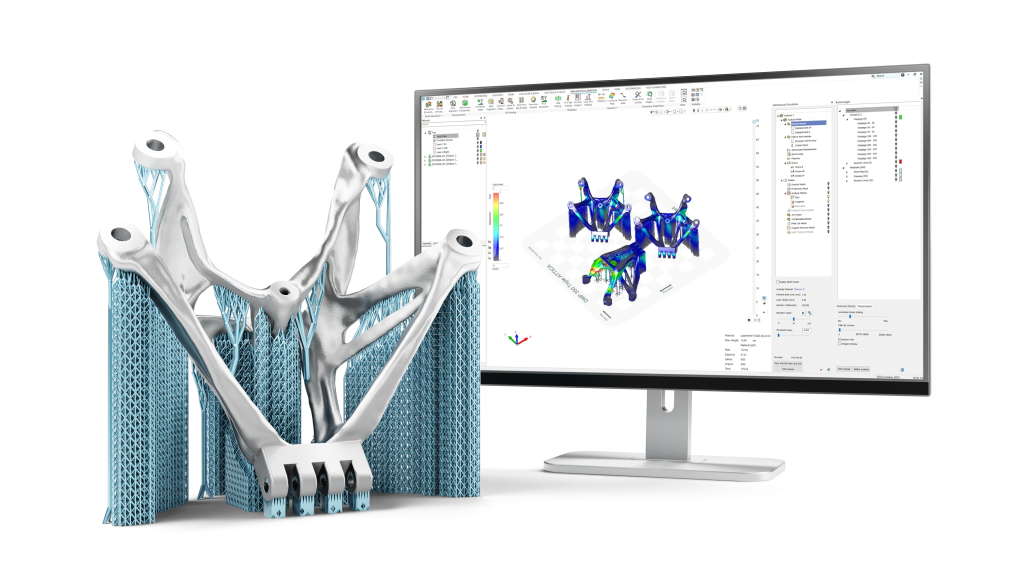 3D printed 3DS bracket being inspected on a monitor using Oqton's 3DXpert software. Photo via Oqton.