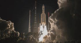 The successful launch of an Ariane 5 rocket. Photo via Fraunhofer ILT.