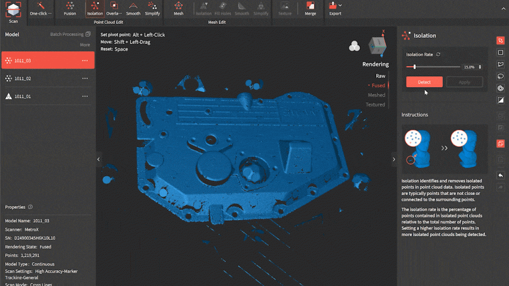 Software edit isolates and refines 3D model data for precise rendering.