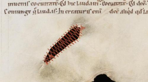 Bad skin
These four images share a feature frequently encountered in medieval books: skin problems. That is to say, in all four there is something bad about the animal skin - or parchment - from which the page is made. Three of them feature a gaping...