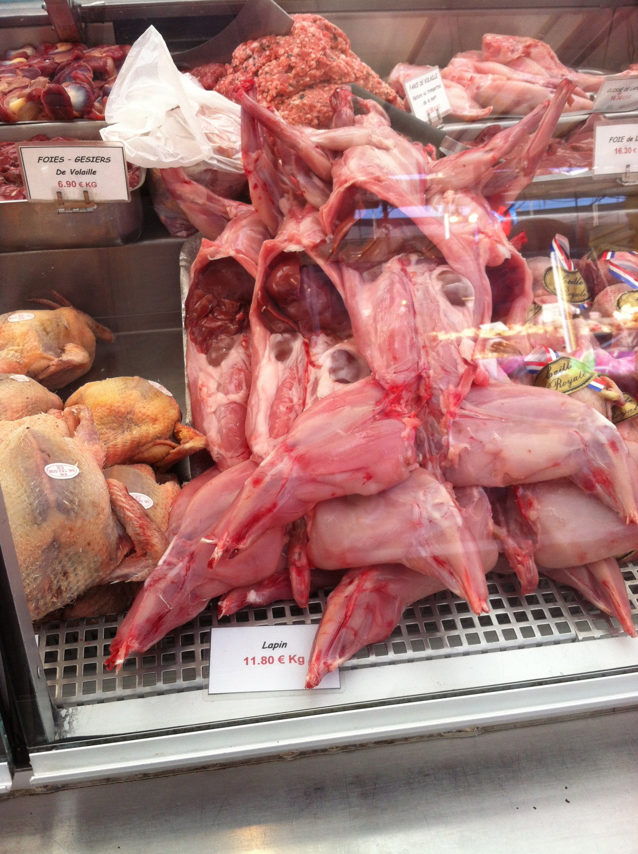 When I was in Fontainebleau, France I found fresh rabbit (Lapin) available in the markets early in the morning. When I did the math it equals about $7.50 per pound. Our rabbits dress out on average at 3.5 lbs for a rabbit, including the liver, heart...