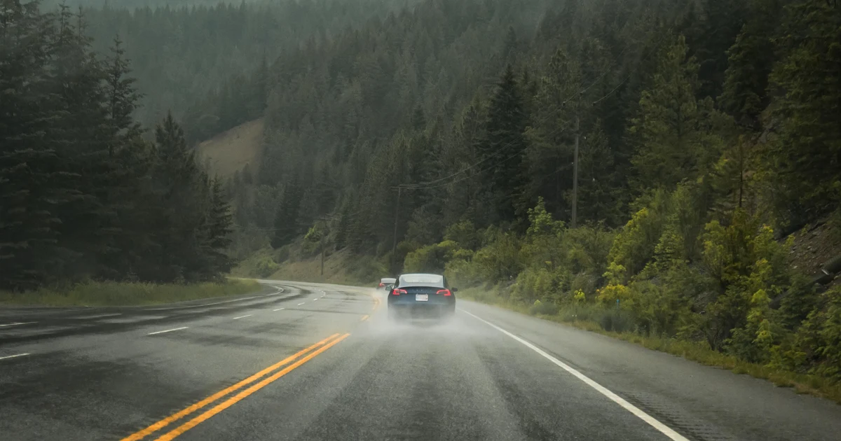 Tesla Model 3 driving down forest highway that's wet. 