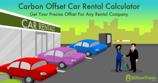 A 8 Billion Trees graphic of a car rental salesperson handing out a key to his client outside the car rental shop.