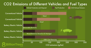 An 8 Billion Trees bar chart showing the CO2 emissions of different vehicles and fuel types, showing how an electric car that is charged on a 100% coal electric grid actually emits more Co2 than a car that uses petrol.