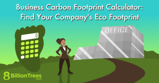 Business lady standing proudly in front of a glass office building with a business carbon footprint calculator on the left, showing net zero emissions.