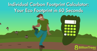 Man looking at the sole of his foot as little puffs of co2 emissions come from it with an individual carbon footprint calculator on the right, in the shape of a footprint.