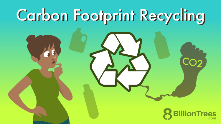 Woman with her finger on her chin wonders about the carbon footprint of recycling while looking at a recycling symbol emitting carbon footprint emissions and shadows of plastic containers behind it.