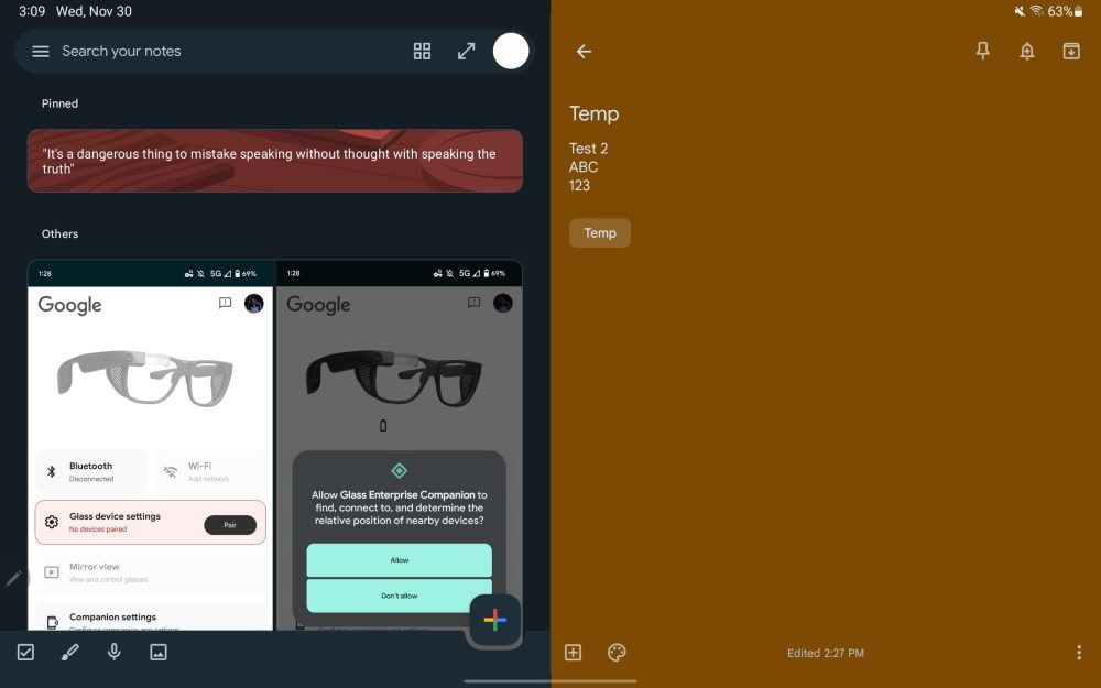 Google Keep dual-pane tablet