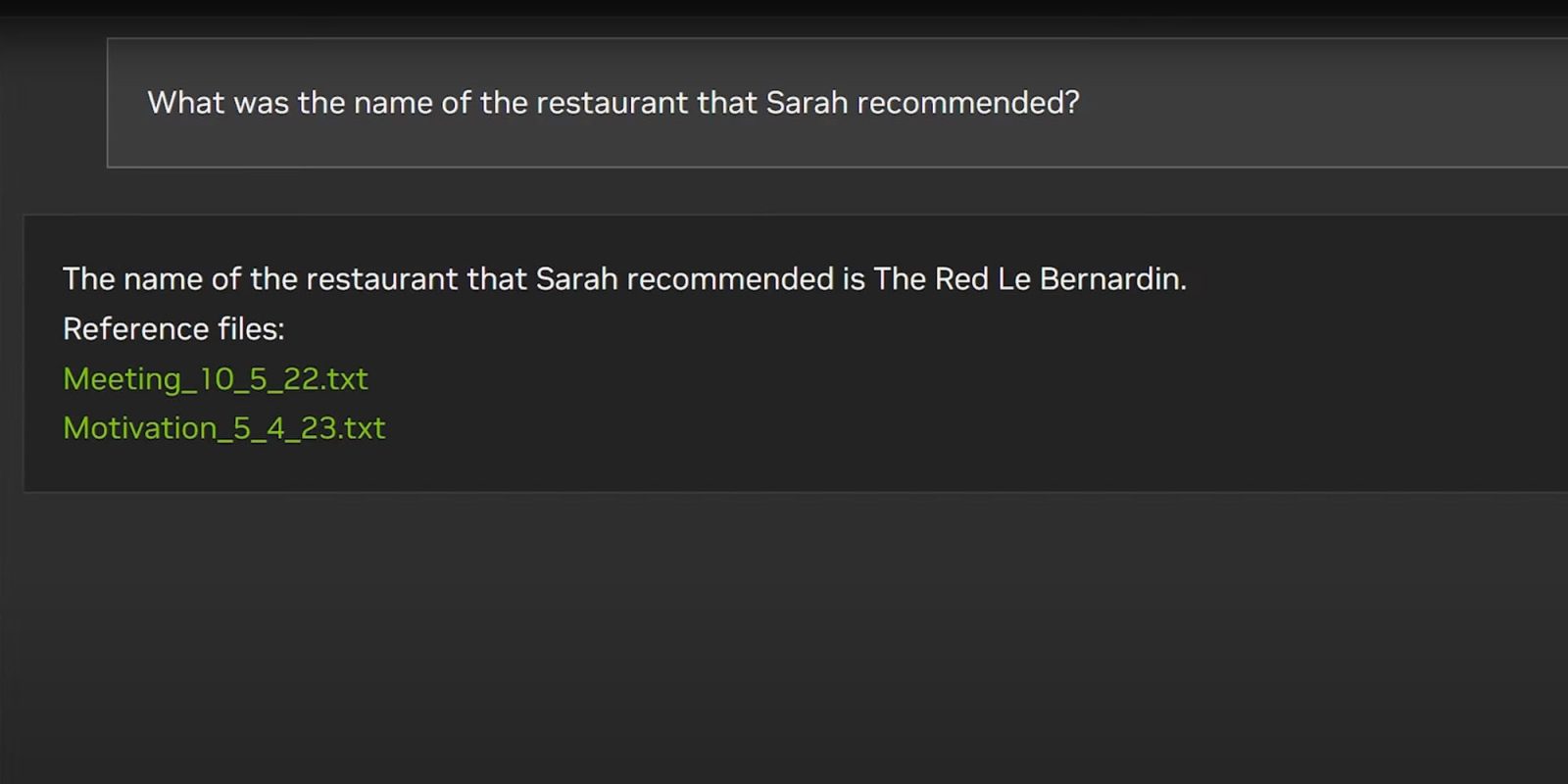 Nvidia on-device chatbot | Screengrab of query answered using local files