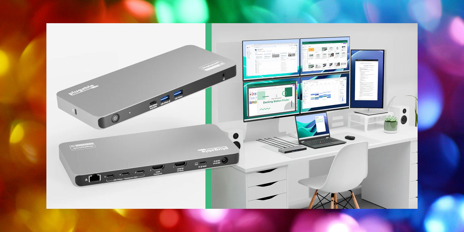 Plugable UD-7400PD dock allows a MacBook Pro to support up to five external monitors (shown)