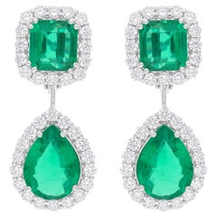 14.16 TCW Real Zambian Emerald H/SI Round Diamond 14K White Gold Dangle Earrings