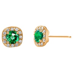 14K Yellow Gold Round Emerald and Diamond Micro-Pavé Ascher-Style Stud Earrings