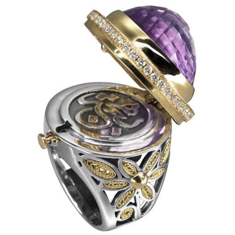 Amethyst, diamond, silver and yellow gold locket ring, 2016