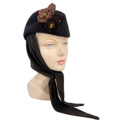 1940s Brown Wool Perch Hat with Snood