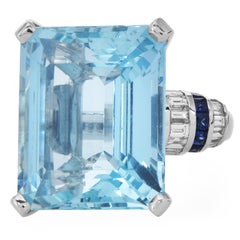 1970s large Aquamarine Sapphire Diamond 18K Gold Cocktail Ring