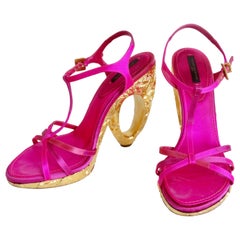 Louis Vuitton 2000s Fuchsia Satin Pumps With Textured Gold Heels