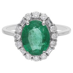 3.02 TCW Oval Natural Emerald Gemstone SI/H Diamond Ring 14k White Gold Jewelry