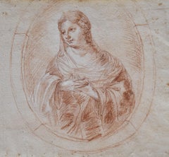 18th Century, Portrait of a Lady in a Tondo, red chalk drawing