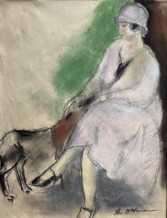 Henry Ottmann (1877-1927) Élégante au chien 1925, pastel signed