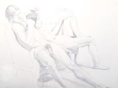 Male and Female Nudes on a Sofa /// Philip Pearlstein Pencil Drawing Figurative 