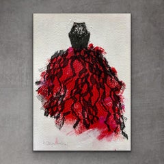 Se il rosso è il tuo colore - 5 "x7", Vestito rosso con pizzo nero, Carta d'arte originale