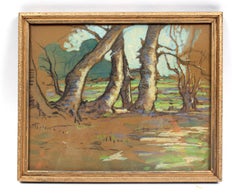 Peinture moderniste canadienne au pastel - Dessin d'arbres avec cadre vert pourpre, 1915