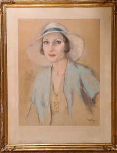 French Art Deco Society Portrait, Beauty in a Hat. Pastel and Crayon.