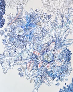 River, Indigo Blue, Navy, Cobalt, Salmon Pink, Red Snowflake Pattern Drawing