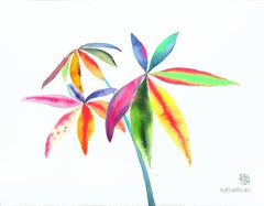 Rainbowland Money Tree - Vibrant Colorful Still Life Painting on Paper