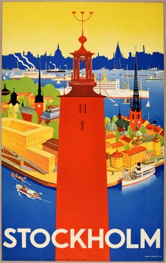 Original Vintage Poster Sweden Stockholm City Hall Ships Travel Art Deco Design