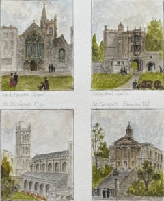 Aquarelle miniature historique des églises et sites historiques de Bristol