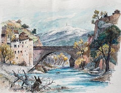 French Watercolor of Vaison-la-Romaine and Pont Romain